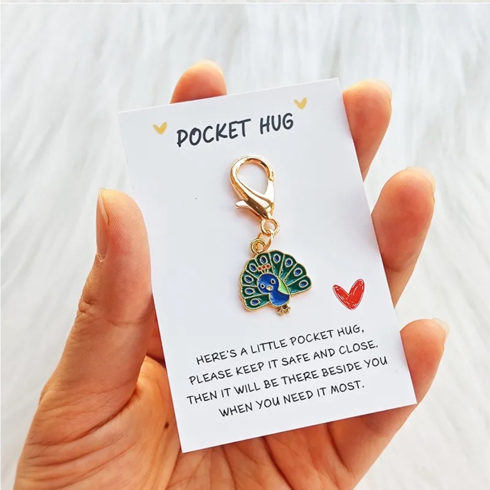 Peacock Pocket Hug Keychain Charm w Sheer Organza Bag $FIRM